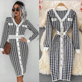 Fall and winternew arrivalelegantv neckcontrast color tweed styleilmfashion chidori grids pattern long sleevesknitting hip-hugging dress