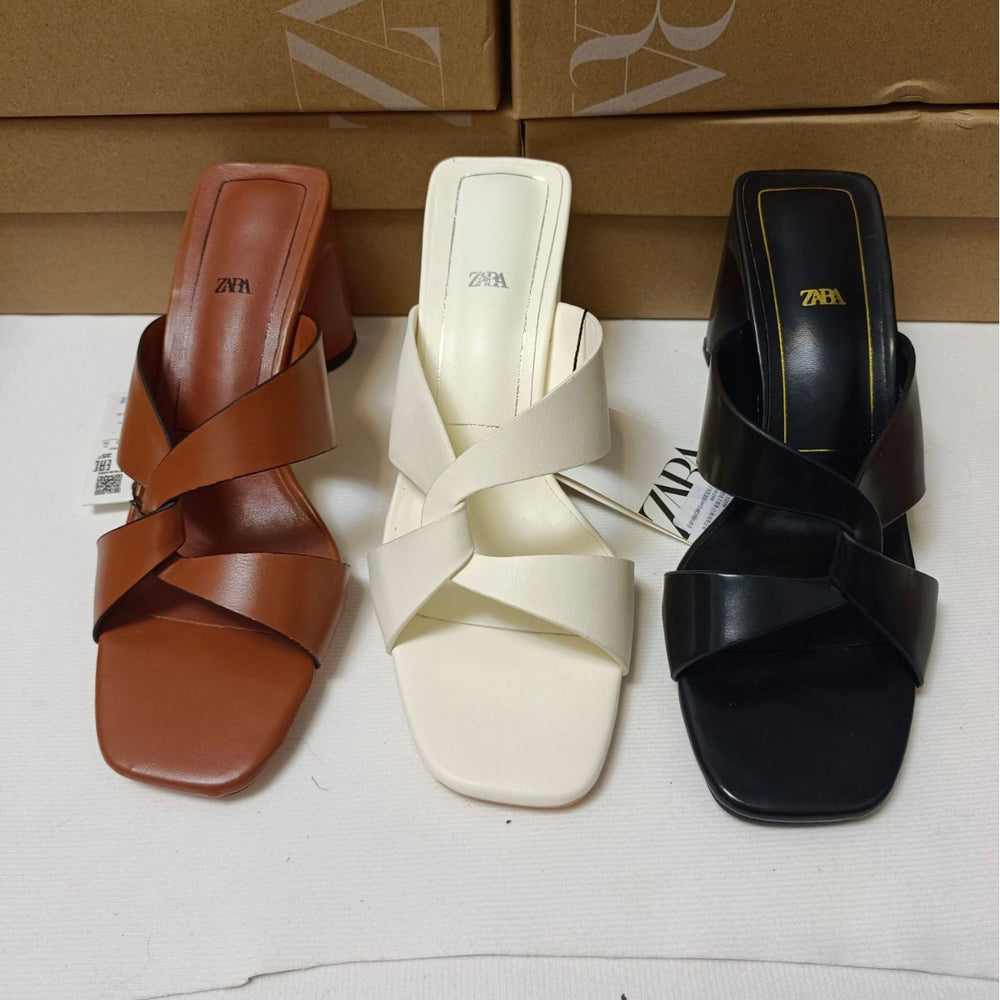 Spanish za brand 2024 summer new square toe outerwear cow leather versatile comfortable chunky heel high heel sandals and slippers for women