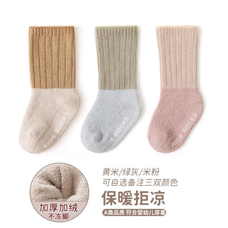 Babylon autumn and winter baby thickened kids socks non-slip dot glue baby floor socks coral velvet newborn knee socks