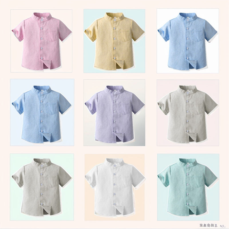 Inner wear cross-border children's clothing kids candy color shirt spring boys shirt medium and large children stand collar boys shirt long sleeves