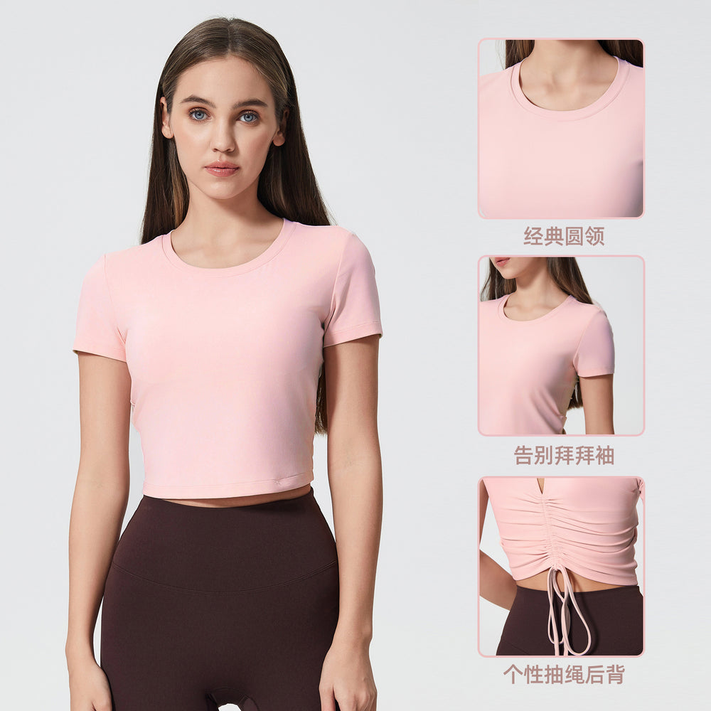 Women's yoga top - short sleeve, cutout back, drawstring, ruched, breathable, outdoor sports, fixed cup, fitness top d25061