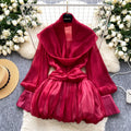 Atmosphere halter neck ribbon swing collar long sleeves waist tops women autumfashionfashion puffy flower bud skirt