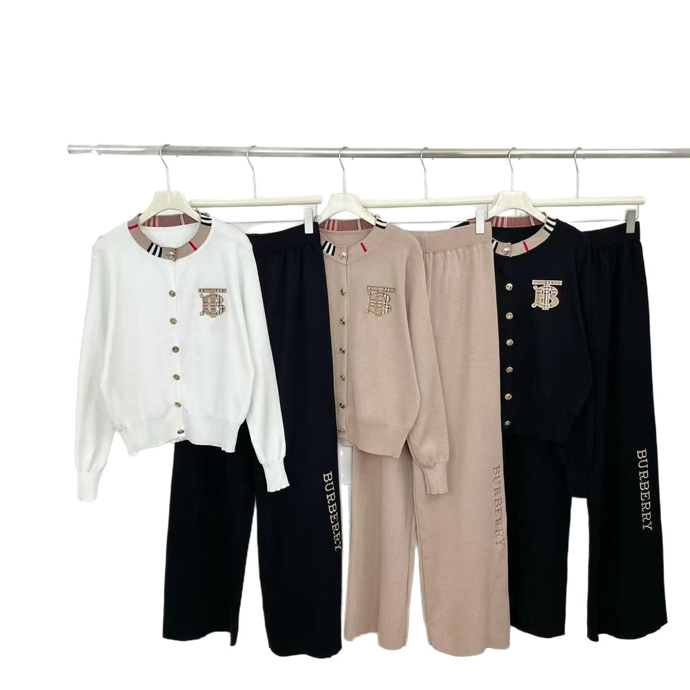 2025 fall/winter new arrival: plaid patchwork crewneck embroidered knit top and pants two-piece set for export
