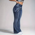 Jeans women's cross-border high waist belt raw edge patchwork micro-flared pants washed silmlong denim summer thin style
