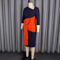 Slant collar contrast colorpatchwork party dress, mid-sleeve waist, asymmetrical pleated bowsilm hip skirt