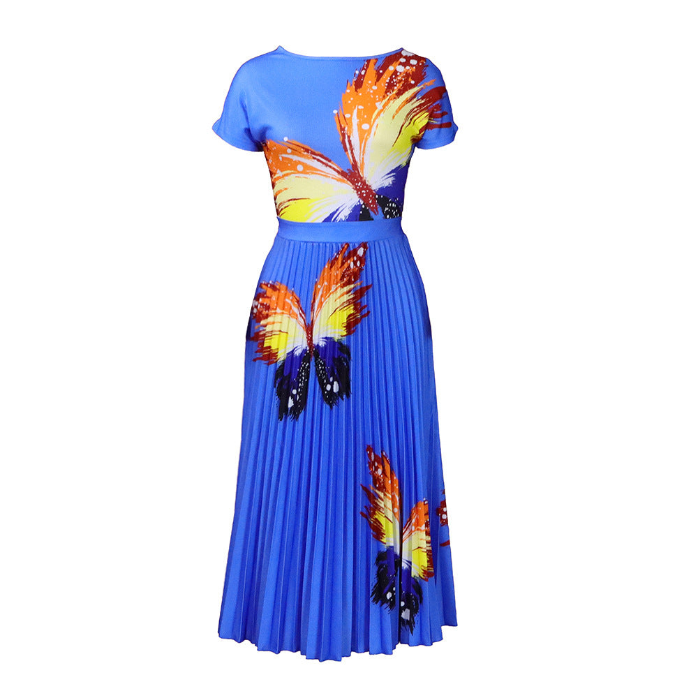 Q067 european and american style women's clothing  new fashion printed top and pleated high-waisted midi skirt two-piece set for export
