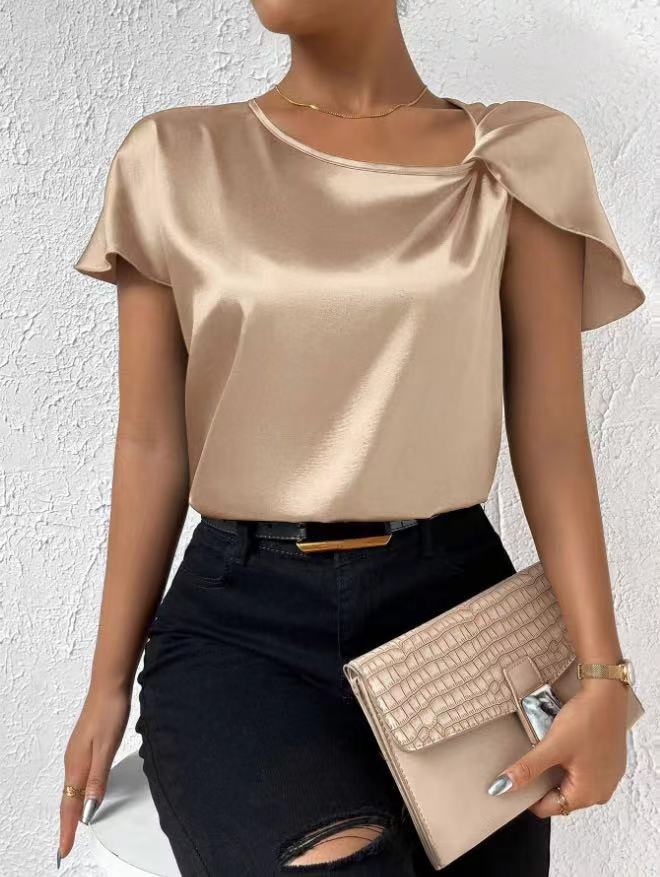 european and american export cross-border supply summer satin short-sleeve top - satin twist knot solid color loose fit versatile women's top