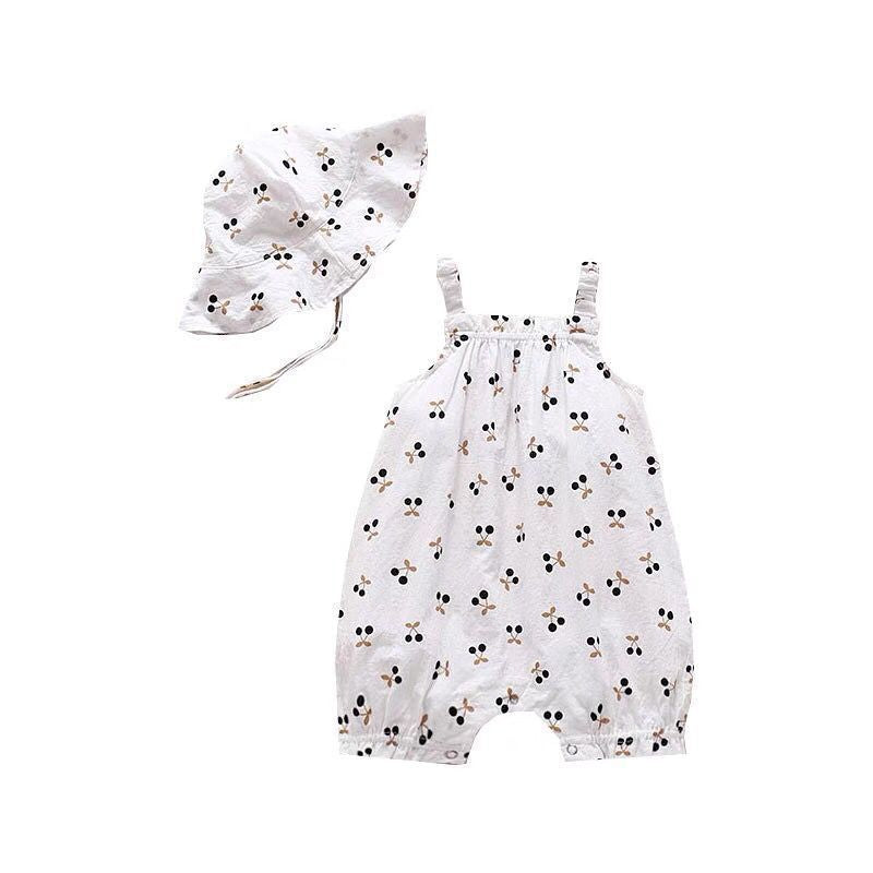Infant summer sling baby breathable full printed cherry pattern romper pullover hooded pure cotton breathable romper