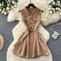 Frenchwork clothing sleeveless a-line light mature style dress women's summer khaki high waist waist slimming lookelegant short skirt