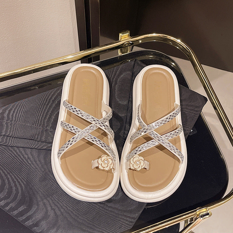 Women's thick-soled thong sandals - new summer collection: floral rhinestone crossover strap roman slip-on sandals