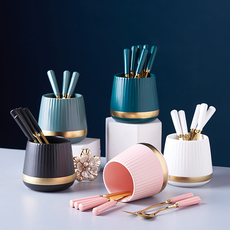 Gold-trimmed striped ceramic fruit fork storage jar - stylish stainless steel fruit forks, a great home essential, spoon and fork set