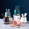 Gold-trimmed striped ceramic fruit fork storage jar - stylish stainless steel fruit forks, a great home essential, spoon and fork set