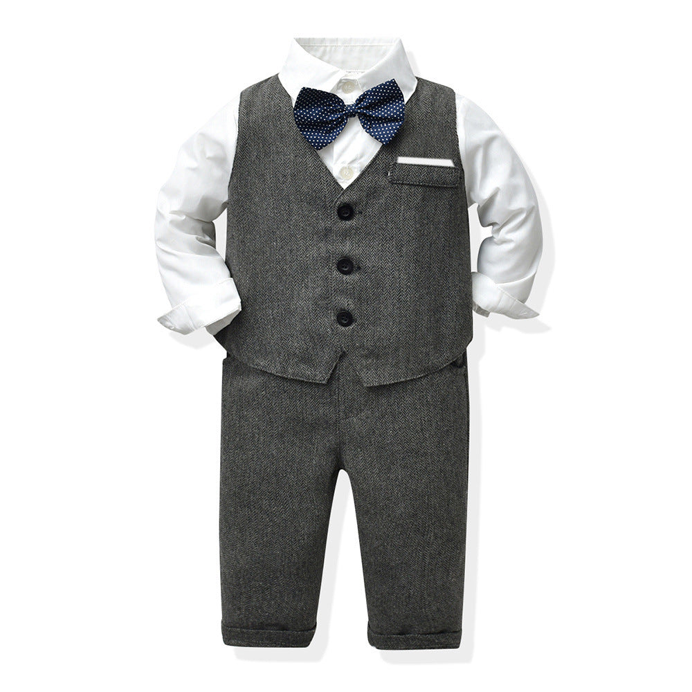 Kids' vest three-piece set: first birthday outfit with bow tie, long-sleeve shirt, and british style gentleman's dress for baby boys - autumn trend
