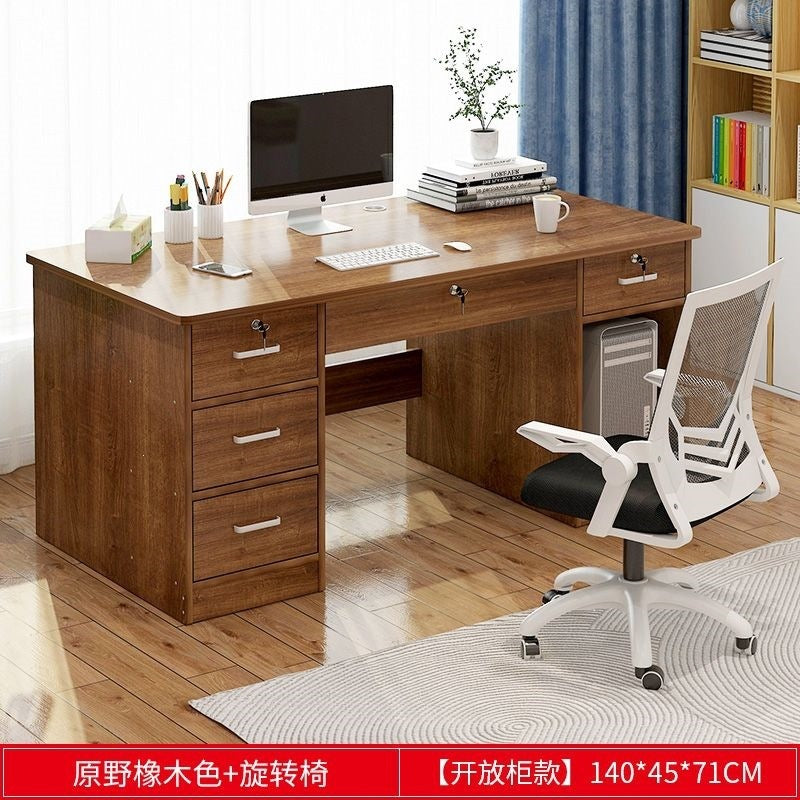 Office desk with lock, workstation with drawers, desk and chair set for employees, home desktop minimalist computer desk