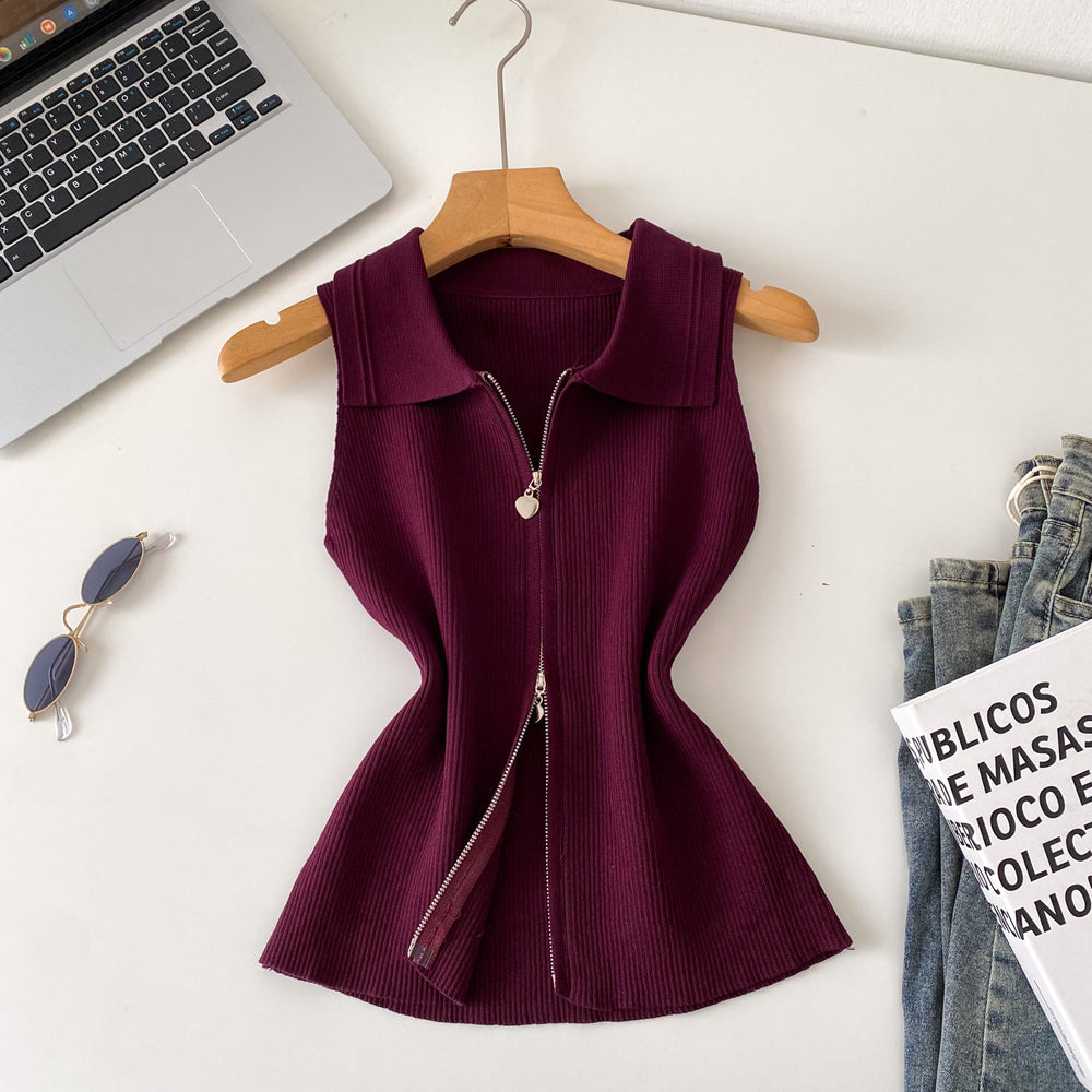Korean style commute chic: women's summer slim-fit sleeveless knit vest with polo collar and zipper detail