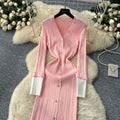 French retro chic v-neck metallic buckle color block long sleeve knit dress - slim fit mermaid maxi dress