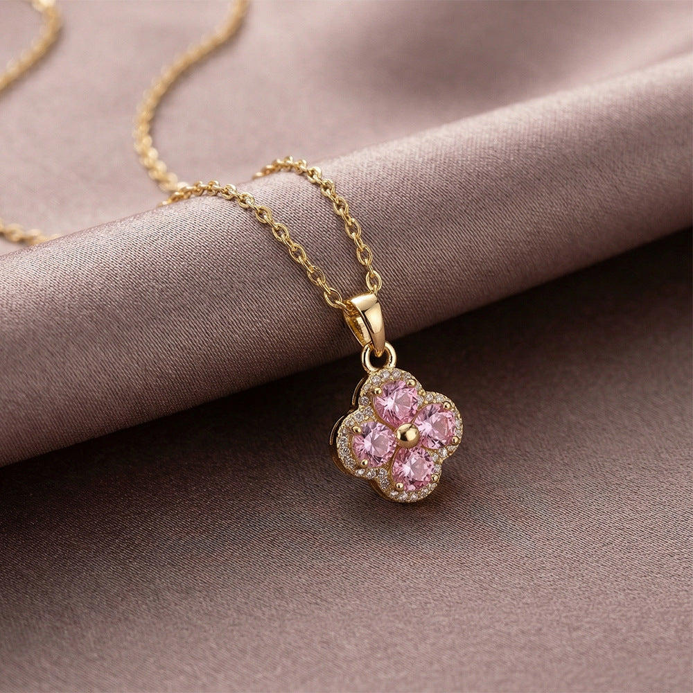 popular fashion full diamond four-leaf clover necklace accessible luxuryniche style women's versatile elegant non-fading clavicle chain suit
