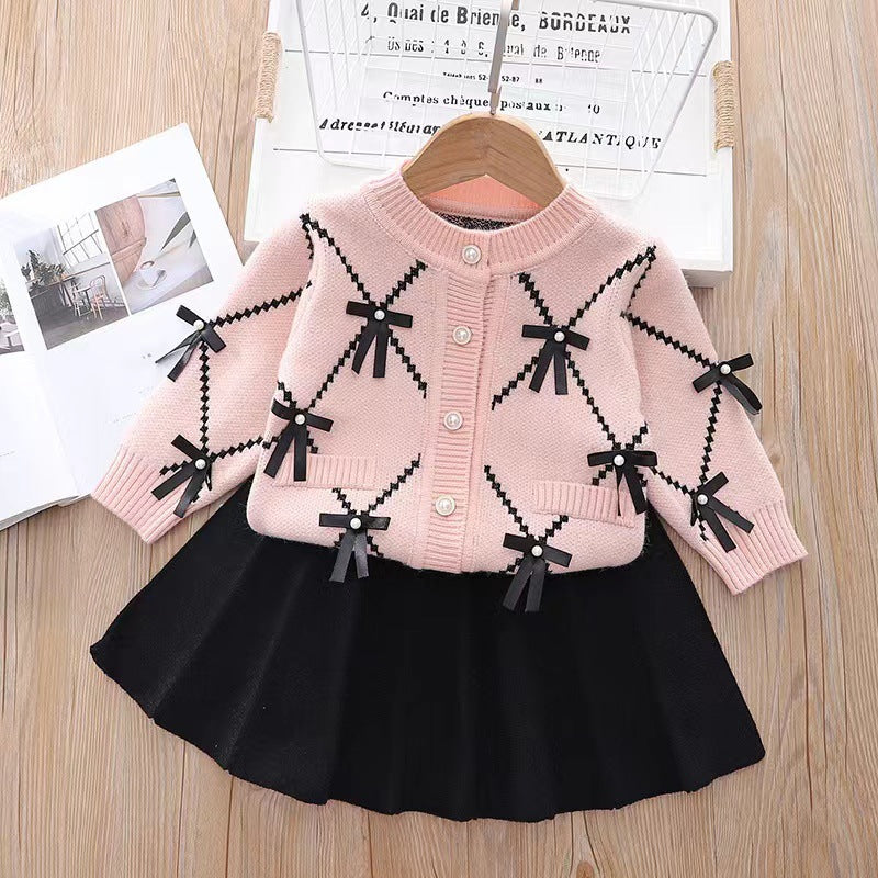 Girls' knitted sweater set, kids' two-piece outfit,  new style baby girl bowknot cardigan set, ages 1-8