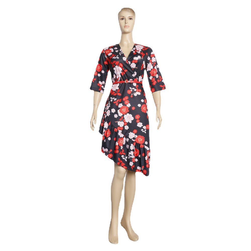 European and american african women's summer plus size clothing  v-neck private label socialite print irregular dress