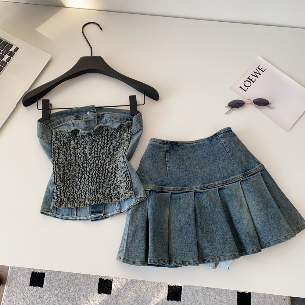 Exportretro denim style tube topvest pleated skirt two-piece set women's summer slimming look suit