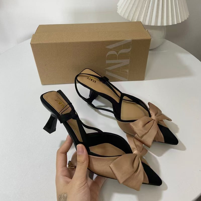 Za new premium french heel women's shoes - pointed toe, bow accent, color block, low-cut, back strap, open heel sandals