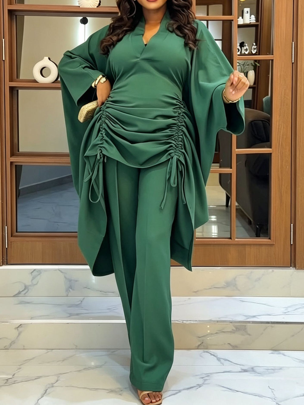 African new drawstring pant set - loose batwing sleeve v-neck cinched waist slimming robe wide leg pants two-piece outfit