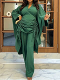 African new drawstring pant set - loose batwing sleeve v-neck cinched waist slimming robe wide leg pants two-piece outfit