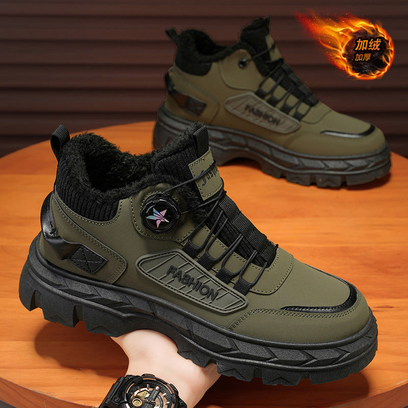 Winter men's shoes 2025 new fleece-lined warm swivel buckle high-top sneakers outdoor work boots martin boots cotton shoes