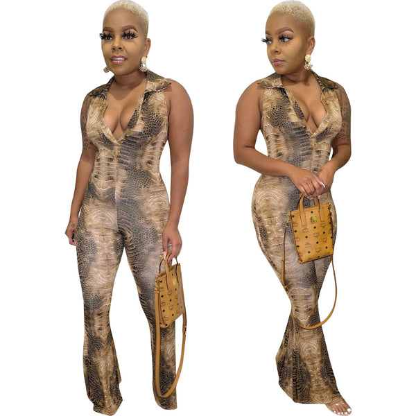 5524 Huimesen New Snake Pattern Women's Fashion V-Neck Skinny Beltless Wide Leg Jumpsuit Jumpsuit