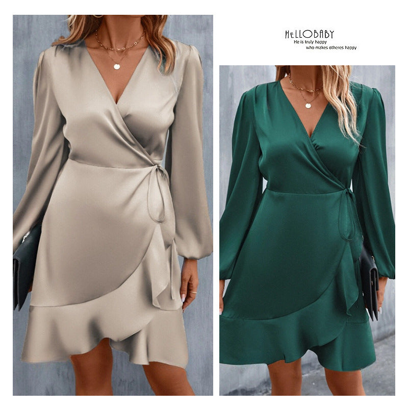 Summer v-neck satin dress - satin waist, low-cut, midi length - export  cross-border fashion women's clothing (european & american style)