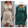 Summer v-neck satin dress - satin waist, low-cut, midi length - export  cross-border fashion women's clothing (european & american style)