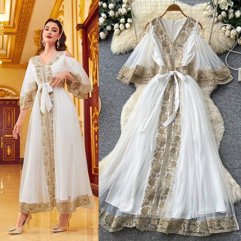 High-end elegant green embroidered a-line off-the-shoulder dress - women's mesh wide sleeve cinched waist tie-up maxi dress - perfect for work or special occasions