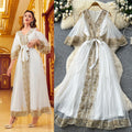 High-end elegant green embroidered a-line off-the-shoulder dress - women's mesh wide sleeve cinched waist tie-up maxi dress - perfect for work or special occasions
