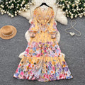 French riviera floral print flared sleeve dress - women's long sleeve tie-waist a-line maxi dress - elegant & chic
