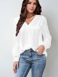 hot-selling women's satin ruched long sleeve top - v-neck casual loose satin commute blouse