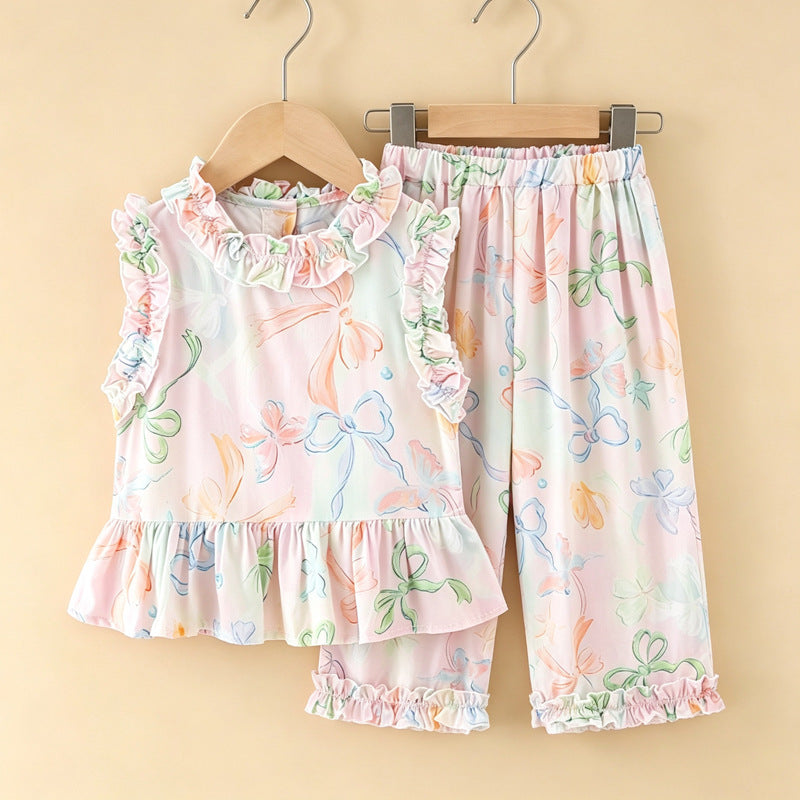 Girls' rayon outerwear set - cartoon print, loungewear, loose fit, breathable, cute summer lightweight lace pajamas