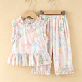 Girls' rayon outerwear set - cartoon print, loungewear, loose fit, breathable, cute summer lightweight lace pajamas