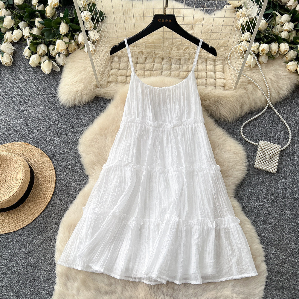 Dopamine yellow ruffle trim cami dress - women's summer korean style cake dress - vacation look, slimming, petite friendly