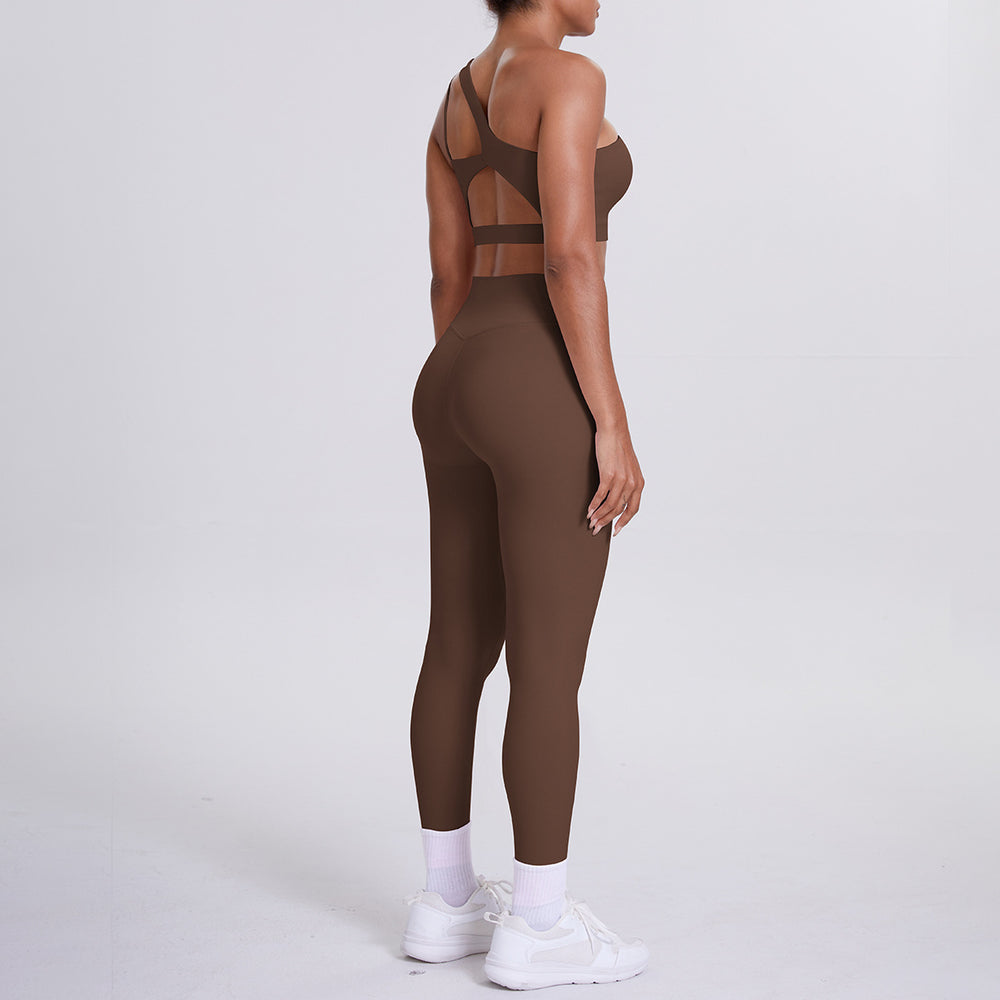 fashion double-sided nylon brushed single-shoulder yoga suit sports running fitness pants two-piece set for women