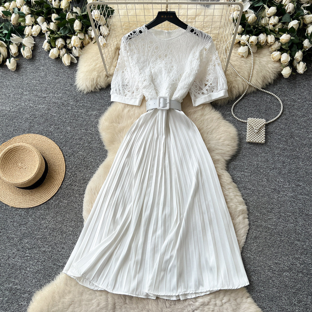 Frenchretrocut out short-sleeved dress women's summerk-style waist slimming lookclassy sense pleated long skirt work clothing