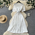 Frenchretrocut out short-sleeved dress women's summerk-style waist slimming lookclassy sense pleated long skirt work clothing