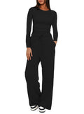 cross-border fashion  new product pure color casuallong sleevessuittopshigh waistloose pants sportswear