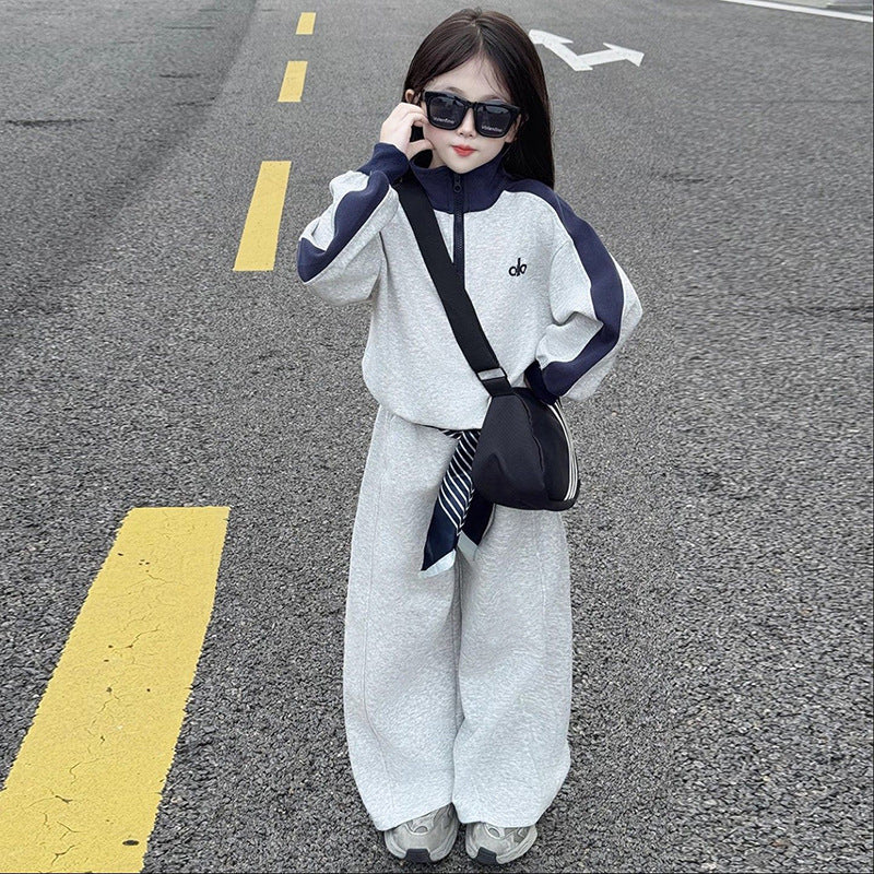 Girls' casual patchwork sweatshirt set -  spring/autumn new style, stylish two-piece activewear outfit for mid-to-large children