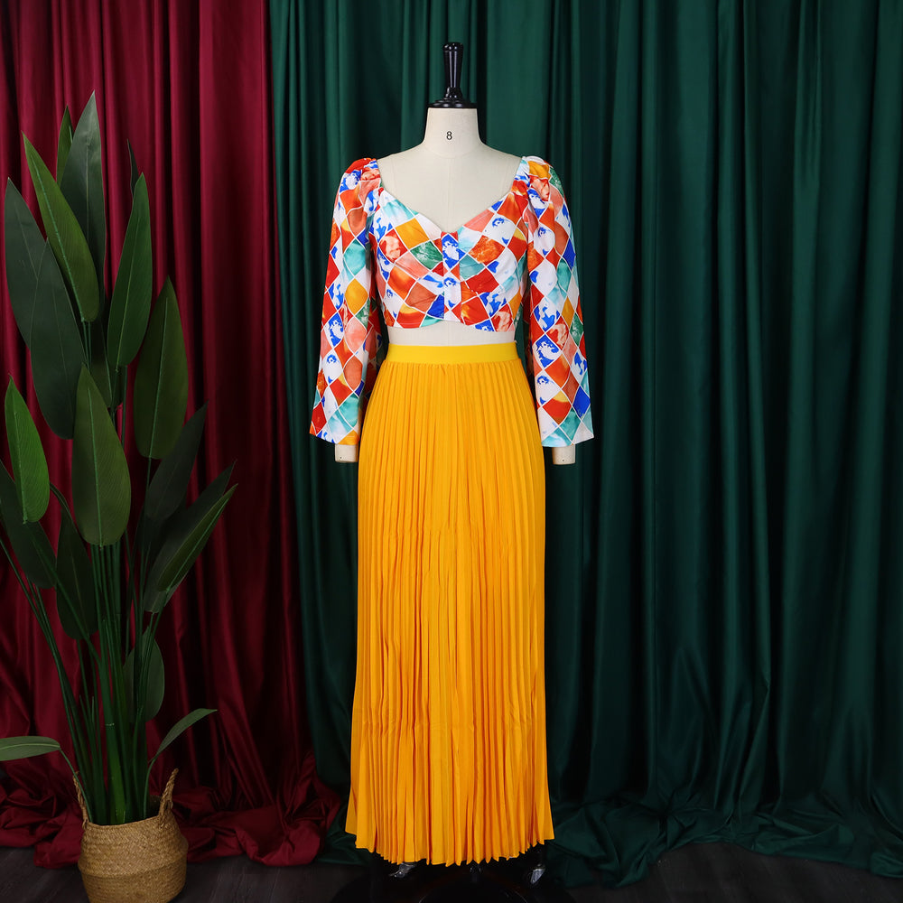 D3262 women's summer new arrival: fashionable v-neck printed top and pleated maxi skirt african two-piece set - cross-border outfit
