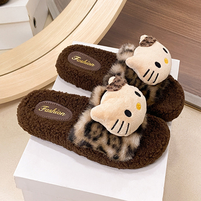 Cute leopard print hello kitty fuzzy slippers for women - new winter thick-soled design, stylish outdoor wear, warm and cozy one-strap cotton slippers