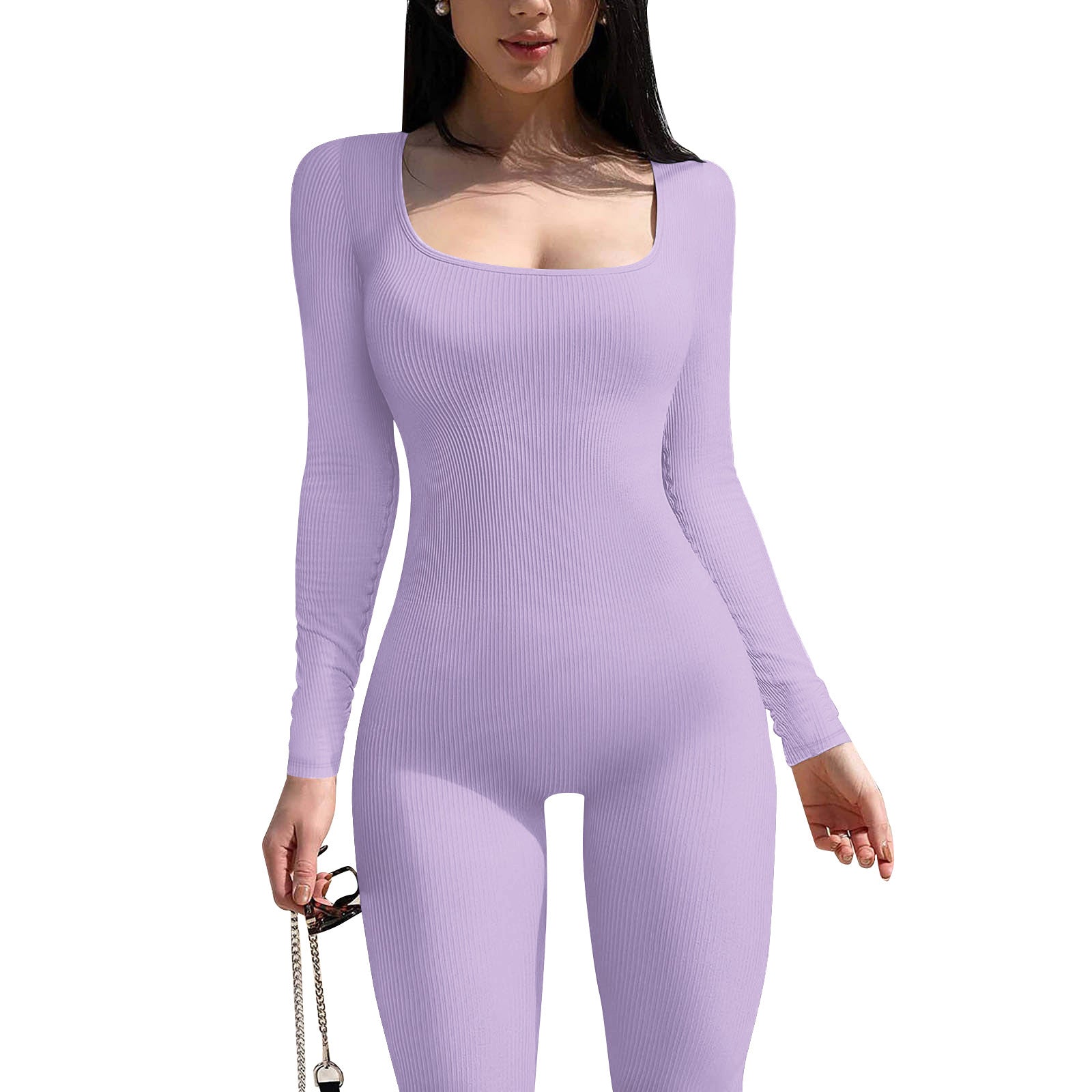2024  women's clothing solid color long-sleeved vest onesie threaded square neck backless hip-lifting slim-fitting sports jumpsuit