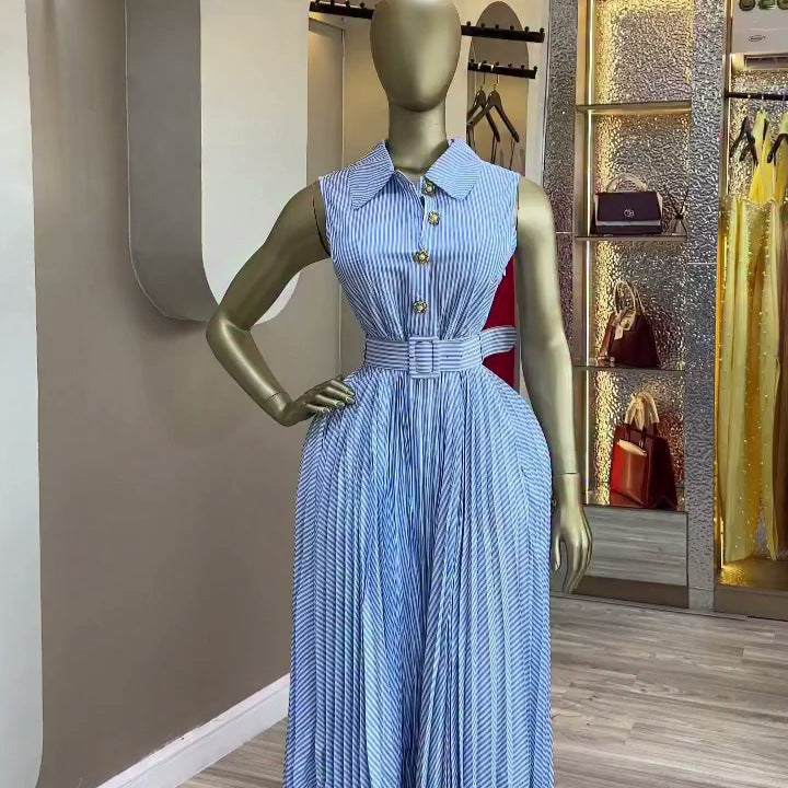 European and american cross-border women's fashion:  summer new arrivals - stylish and minimalist turn-down collar sleeveless tie-waist pleated striped dress