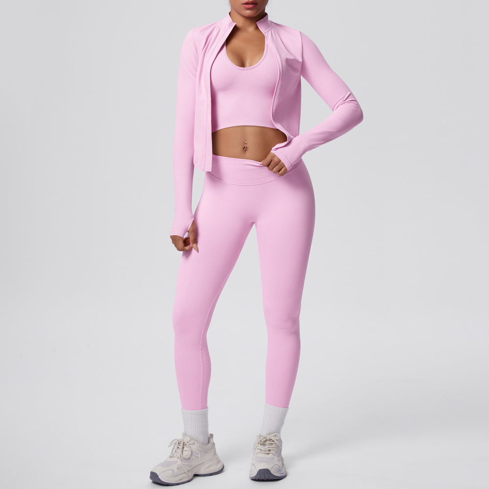 Seamless solid color compression breathable high-elastic yoga set - 3 piece workout outfit for running, fitness, and yoga