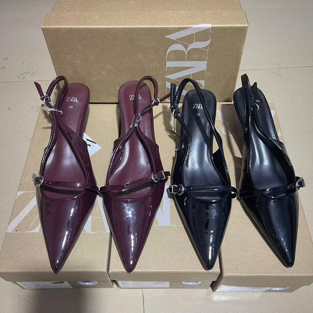 Zar 2024 summer new patent leather stiletto peep-toe sandals - vintage style single strap pointed toe open back ankle strap mules