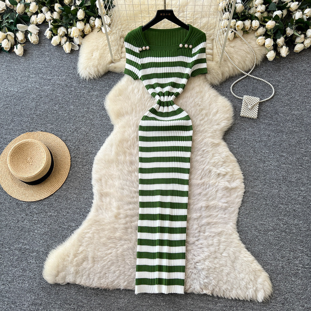 Korean style blue and white striped square neck knitted dress - women's summer short sleeve high waist a-line dress - commuter chic, slimming fit